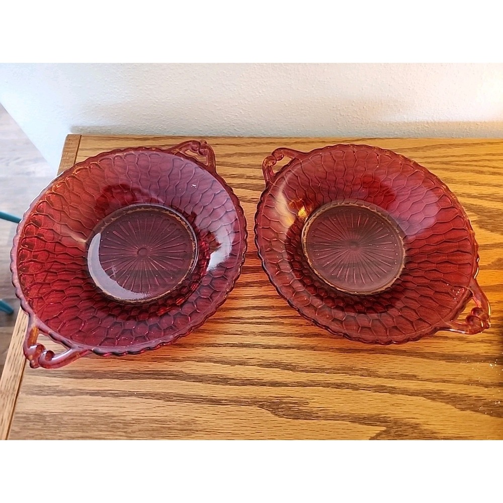 Set Of 2 Red Carnival Glass Honeycomb Design 7-1/2" 2-Handled Candy Dish